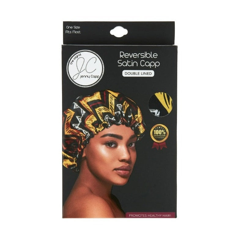 Box of a reversible satin bonnet.